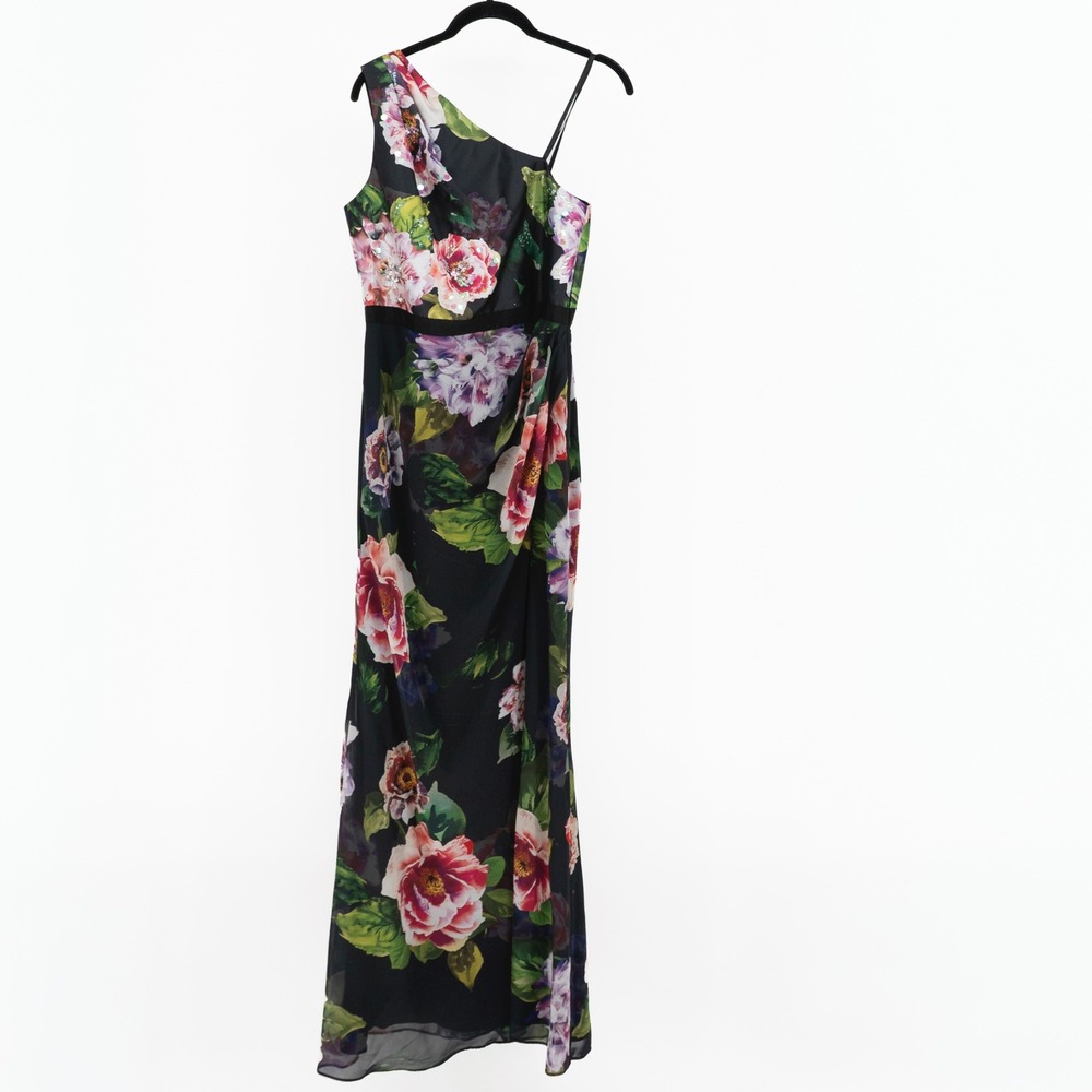 Adrianna Papell Floral Flower Print Sequin Embellished One Shoulder Dress 10
